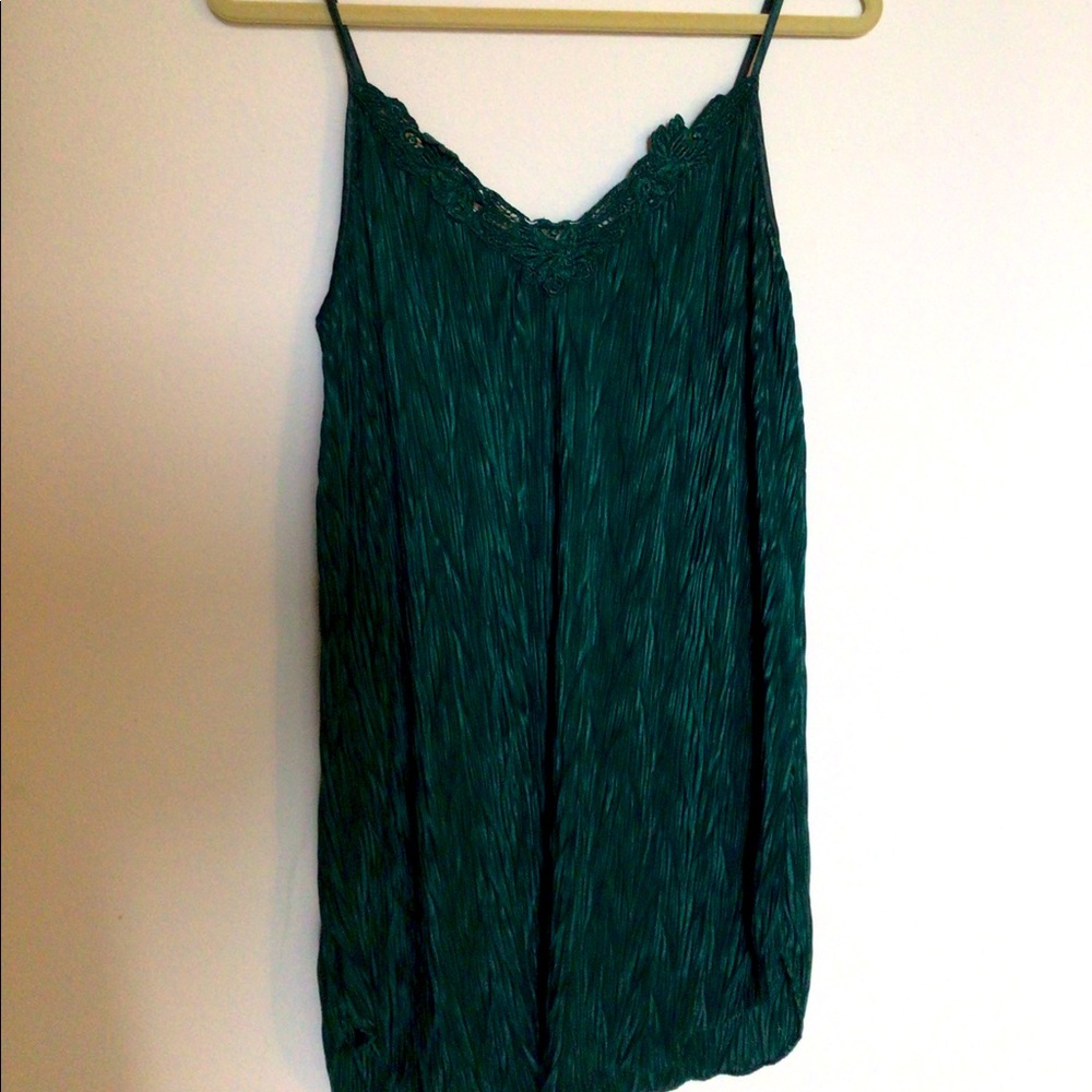 Vintage Dentelle Emerald Green Crinkle Thin Strap Slip Nightgown